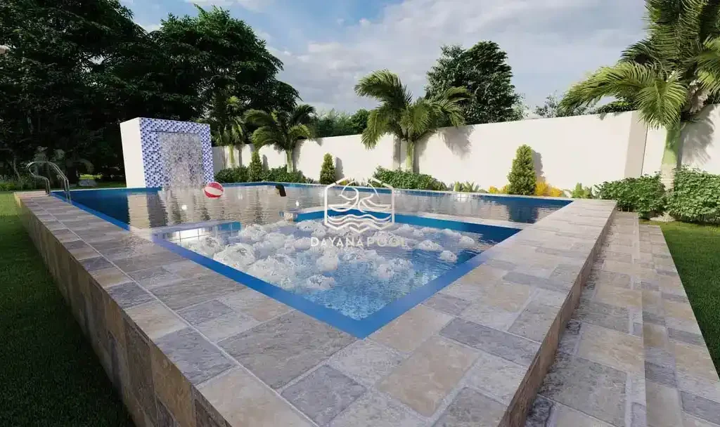 desain kolam renang di halaman belakang villa