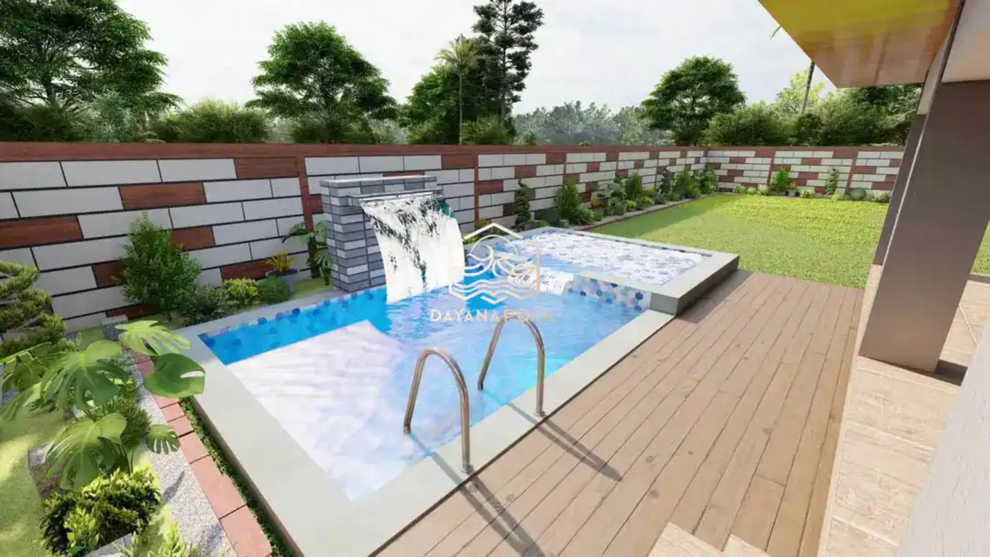 desain kolam renang di halaman belakang villa