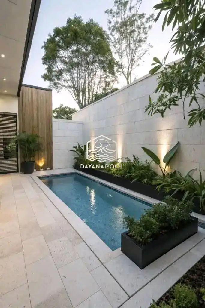 kolam renang minimalis denagn finishing batu alam sukabumi