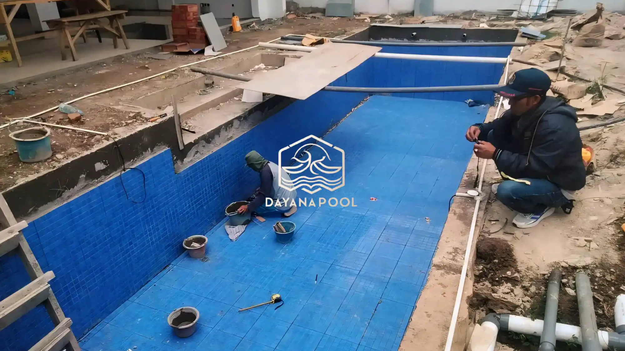 proses pemasangan keramik kolam renang