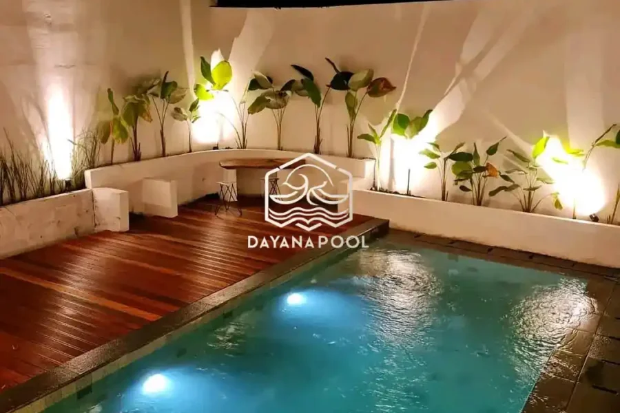 kolam renang minimalis denagn finishing batu alam sukabumi