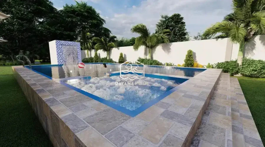 desain kolam renang di halaman belakang villa
