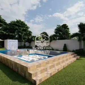 desain kolam renang di halaman belakang villa
